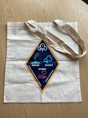 Grow, Shout, Share tote bag